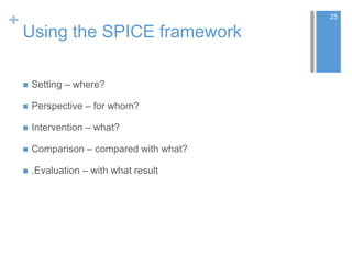 +
Using the SPICE framework
 Setting – where?
 Perspective – for whom?
 Intervention – what?
 Comparison – compared with what?
 .Evaluation – with what result
25
 