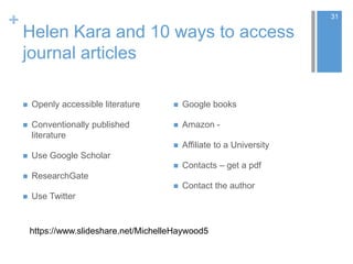 +
Helen Kara and 10 ways to access
journal articles
 Openly accessible literature
 Conventionally published
literature
 Use Google Scholar
 ResearchGate
 Use Twitter
 Google books
 Amazon -
 Affiliate to a University
 Contacts – get a pdf
 Contact the author
31
https://www.slideshare.net/MichelleHaywood5
 