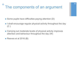 +
The components of an argument
 Some pupils have difficulties paying attention (D)
 I shall encourage regular physical activity throughout the day
(C )
 Carrying out moderate levels of physical activity improves
attention and behaviour throughout the day (W)
 Reeves et al 2016 (B)
46
 