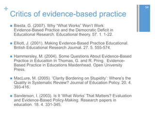 +
Critics of evidence-based practice
 Biesta, G. (2007). Why “What Works” Won’t Work:
Evidence‐Based Practice and the Democratic Deficit in
Educational Research. Educational theory. 57. 1. 1-22.
 Elliott, J. (2001). Making Evidence‐Based Practice Educational.
British Educational Research Journal. 27. 5. 555-574.
 Hammersley, M. (2004). Some Questions About Evidence-Based
Practice in Educaiton In Thomas, G. and R. Pring. Evidence-
Based Practice in Educations Maidenhead. Open University
Press.
 MacLure, M. (2005). ‘Clarity Bordering on Stupidity’: Where’s the
Quality in Systematic Review? Journal of Education Policy. 20. 4.
393-416.
 Sanderson, I. (2003). Is It ‘What Works’ That Matters? Evaluation
and Evidence‐Based Policy‐Making. Research papers in
education. 18. 4. 331-345.
54
 
