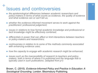 +
Issues and controversies
 the epistemological differences between academic researchers and
policy-makers in terms of what counts as evidence, the quality of evidence
and what evidence can or can't tell us;
 whether the evidence-informed movement serves to work against the
practitioners' professional judgement;
 issues in relations to how formal academic knowledge and professional or
tacit knowledge might be effectively combined;
 differentials in power that can affect or limit interactions between teachers
or policy-makers and research/ers;
 controversies in relation to to some of the methods commonly associated
with enhancing evidence uses;
 how the capacity to engage with academic research might be enhanced;
 issues such as the inaccessibility of research to teachers and policy-
makers, both in terms of where it is published and the language that is
typically used in such publications. (adapted from p1)
55
Brown, C. (2015). Evidence-Informed Policy and Practice in Education: A
Sociological Grounding. London. Bloomsbury Publishing.
 