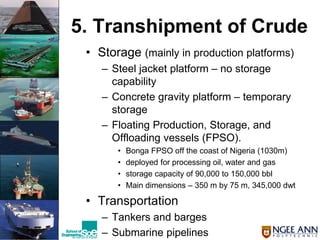 Official Open
5. Transhipment of Crude
• Storage (mainly in production platforms)
– Steel jacket platform – no storage
capability
– Concrete gravity platform – temporary
storage
– Floating Production, Storage, and
Offloading vessels (FPSO).
• Bonga FPSO off the coast of Nigeria (1030m)
• deployed for processing oil, water and gas
• storage capacity of 90,000 to 150,000 bbl
• Main dimensions – 350 m by 75 m, 345,000 dwt
• Transportation
– Tankers and barges
– Submarine pipelines
 