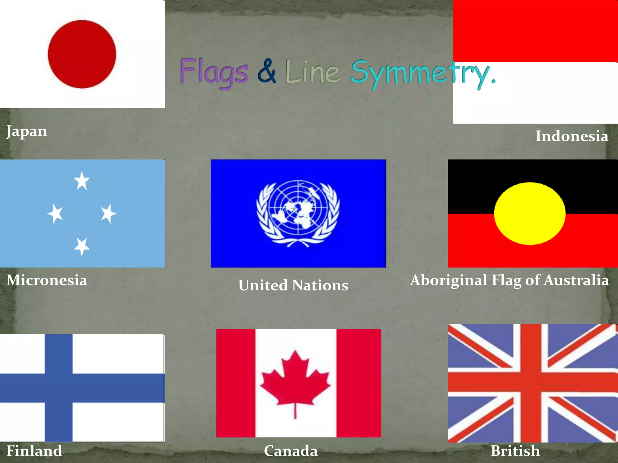 Japan Indonesia 
Micronesia United Nations Aboriginal Flag of Australia 
Finland 
Canada British 
 