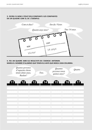 QUI SÓC / QUANTS ANYS TENS? LLIÇÓ 1.2 PÀGINA9
3. ESCRIU EL NOM I L’EDAT DELS COMPANYS ILES COMPANYES
EN UN QUADRE COM EL DE L’EXEMPLE:
Com et dius? Em dic Víctor.
Quants anys tens? Tinc 14 anys.
4. FES UN QUADRE AMB ELS RESULTATS DE L’EXERCICI ANTERIOR.
MARCA EL NOMBRE D’ALUMNES QUE TENEN ELS ANYS QUE INDICA CADA COLUMNA:
Quantes persones
d’aquesta classe
tenen dotze anys,
Ruslan?
Tres.
Quantes
persones tenen
quinze anys?
Quatre.
11 12 13 14 15 16 17
 