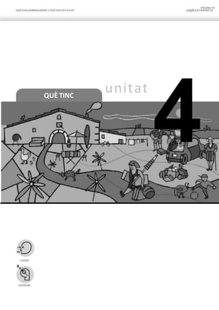 QUÈFAIG NORMALMENT/ QUÈHAS FETAVUI? LLIÇÓ 3.3 PÀGINA35
QUÈ TINC
PÀGINA 35
unitat
4
LLEGIR
ESCRIURE
 