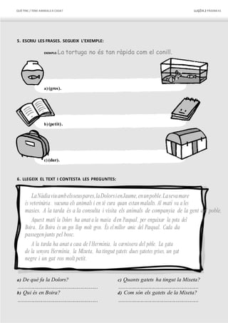 QUÈTINC / TENS ANIMALS A CASA? LLIÇÓ 4.2 PÀGINA41
5. ESCRIU LES FRASES. SEGUEIX L’EXEMPLE:
EXEMPLE: La tortuga no és tan ràpida com el conill.
a) (gros).
b)(petit).
c) (dur).
6. LLEGEIX EL TEXT I CONTESTA LES PREGUNTES:
LaNàdiaviuambelsseuspares,laDolorsienJaume,enunpoble.Lasevamare
és veterinària: vacuna els animals i en té cura quan estanmalalts. Al matí va a les
masies. A la tarda és a la consulta i visita els animals de companyia de la gent del poble.
Aquest matí la Dolors ha anat a la masia d’en Pasqual, per enguixar la pota del
Boira. En Boira és un gos llop molt gros. És el millor amic del Pasqual. Cada dia
passegenjunts pel bosc.
A la tarda ha anat a casa de l’Hermínia, la carnissera del poble. La gata
de la senyora Hermínia, la Mixeta, ha tingut gatets: dues gatetes grises, un gat
negre i un gat ros molt petit.
a) De què fa la Dolors?
...........................................................
b) Qui és en Boira?
...........................................................
c) Quants gatets ha tingut la Mixeta?
...........................................................
d) Com són els gatets de la Mixeta?
...........................................................
 