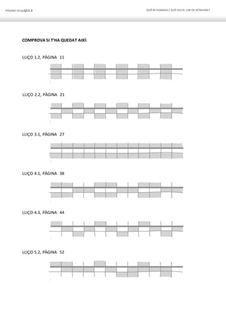 PÀGINA 54 LLIÇÓ 5.3 QUÈM’AGRADA / QUÈFAS EL CAP DESETMANA?
COMPROVA SI T’HA QUEDAT AIXÍ:
LLIÇO 1.2, PÀGINA 11
LLIÇO 2.2, PÀGINA 21
LLIÇO 3.1, PÀGINA 27
LLIÇO 4.1, PÀGINA 38
LLIÇO 4.3, PÀGINA 44
LLIÇO 5.2, PÀGINA 52
 