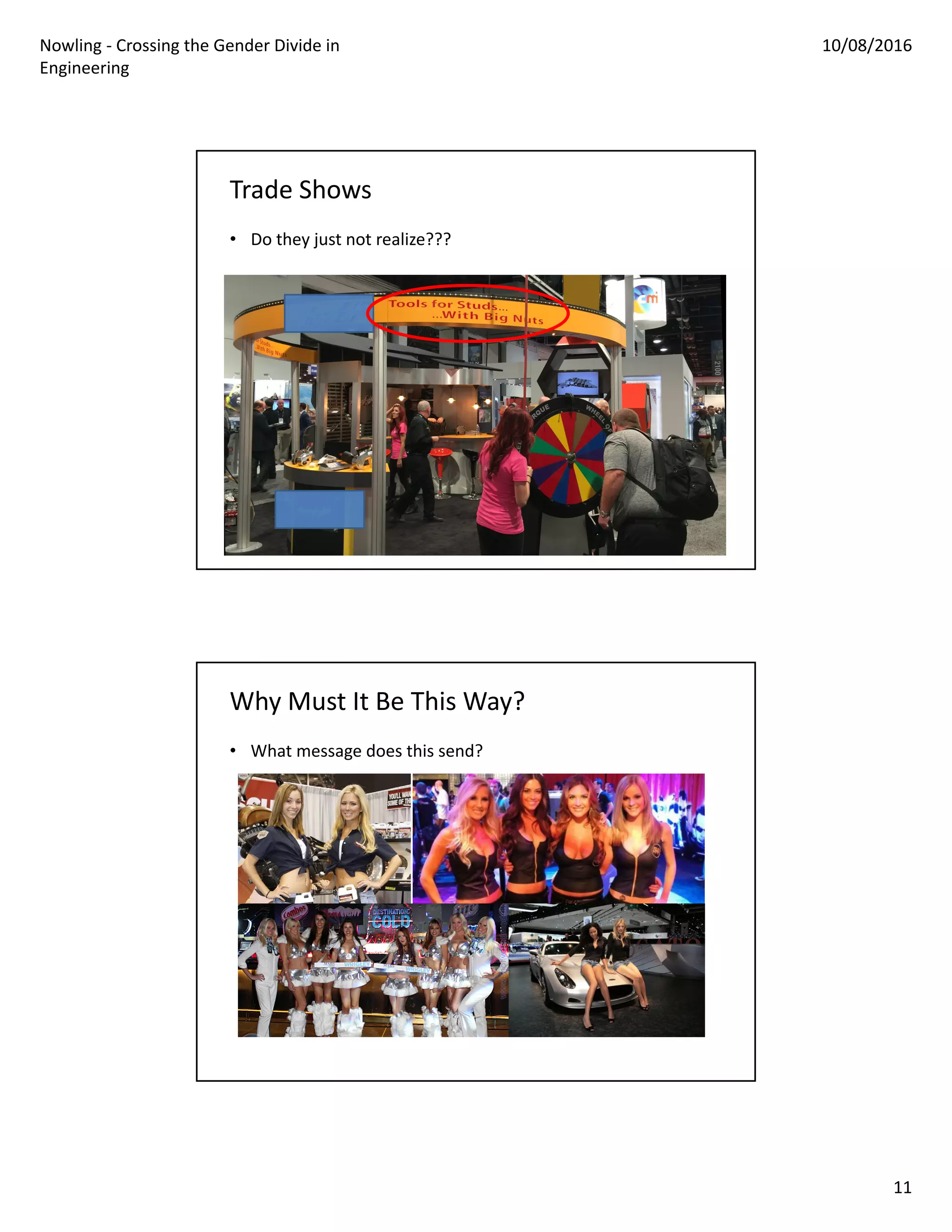 Nowling ‐ Crossing the Gender Divide in 
Engineering
10/08/2016
11
Trade Shows
• Do they just not realize???
Why Must It Be This Way?
• What message does this send?
 