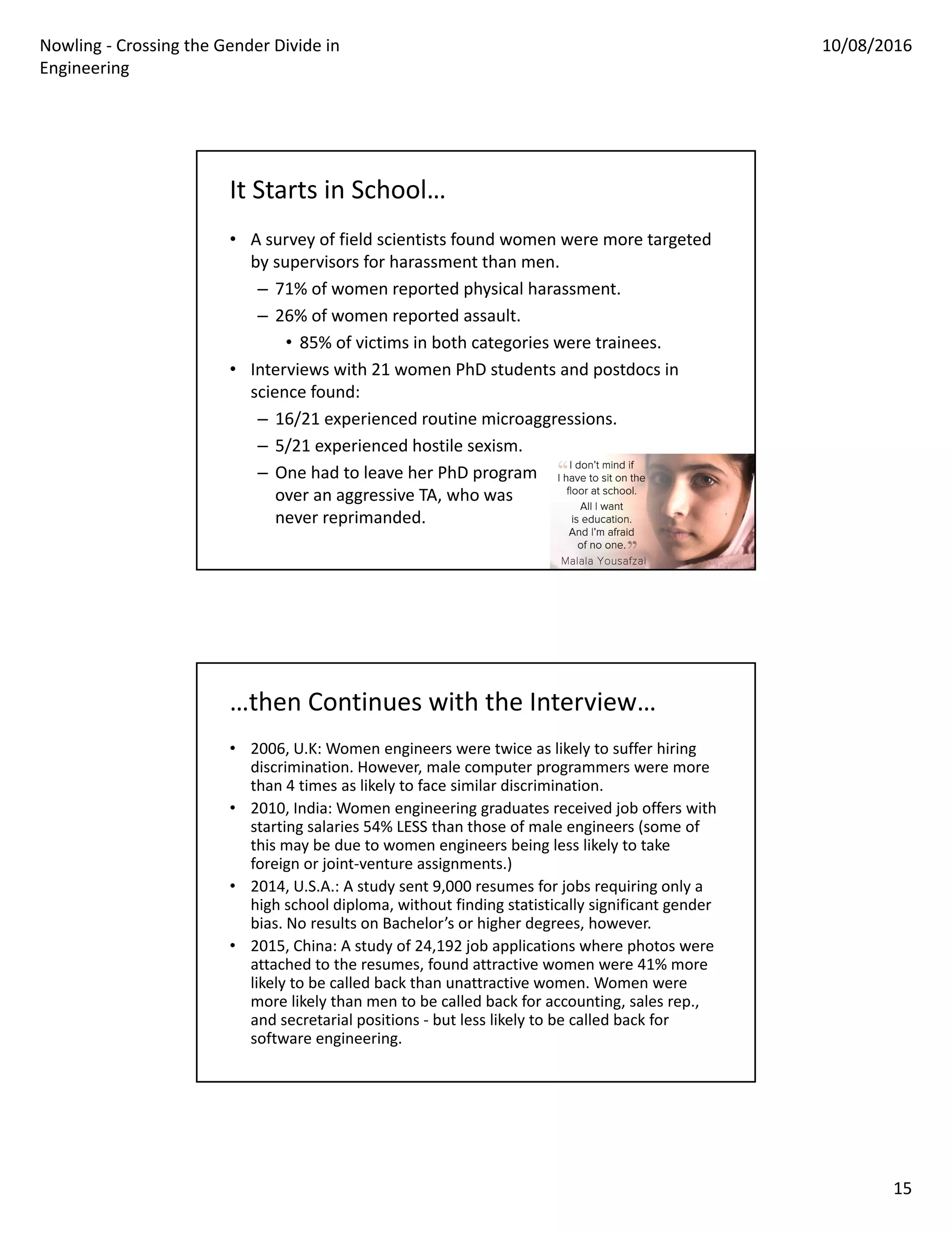 Nowling ‐ Crossing the Gender Divide in 
Engineering
10/08/2016
15
It Starts in School…
• A survey of field scientists found women were more targeted 
by supervisors for harassment than men.
– 71% of women reported physical harassment.
– 26% of women reported assault.
• 85% of victims in both categories were trainees.
• Interviews with 21 women PhD students and postdocs in 
science found:
– 16/21 experienced routine microaggressions.
– 5/21 experienced hostile sexism.
– One had to leave her PhD program
over an aggressive TA, who was
never reprimanded.
…then Continues with the Interview…
• 2006, U.K: Women engineers were twice as likely to suffer hiring 
discrimination. However, male computer programmers were more 
than 4 times as likely to face similar discrimination. 
• 2010, India: Women engineering graduates received job offers with 
starting salaries 54% LESS than those of male engineers (some of 
this may be due to women engineers being less likely to take 
foreign or joint‐venture assignments.)
• 2014, U.S.A.: A study sent 9,000 resumes for jobs requiring only a 
high school diploma, without finding statistically significant gender 
bias. No results on Bachelor’s or higher degrees, however.
• 2015, China: A study of 24,192 job applications where photos were 
attached to the resumes, found attractive women were 41% more 
likely to be called back than unattractive women. Women were 
more likely than men to be called back for accounting, sales rep., 
and secretarial positions ‐ but less likely to be called back for 
software engineering. 
 