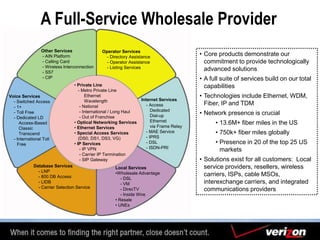 A Full-Service Wholesale Provider
• Private Line
- Metro Private Line
Ethernet
Wavelength
- National
- International / Lon...