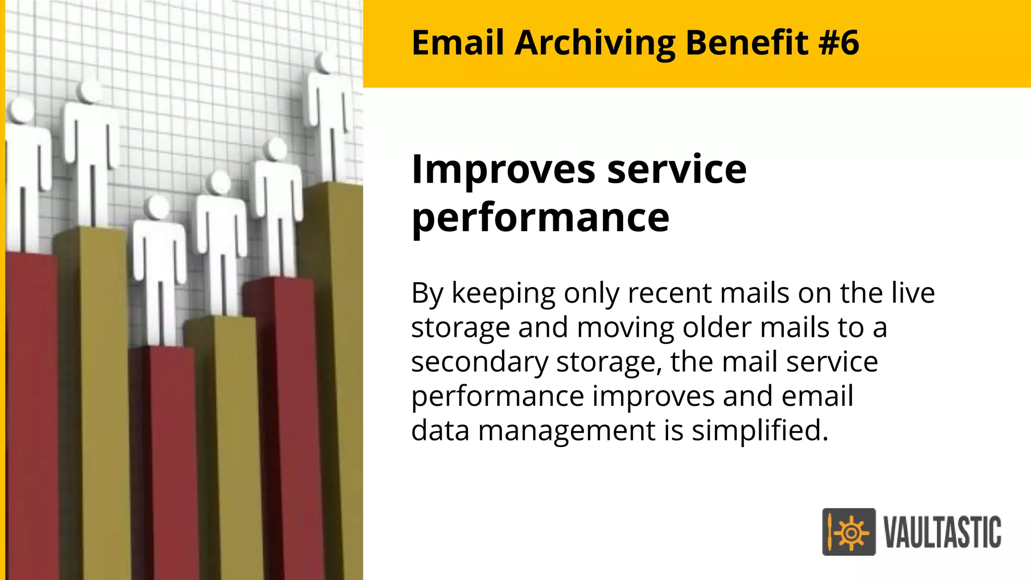 Improves service
performance
By keeping only recent mails on the live
storage and moving older mails to a
secondary storage, the mail service
performance improves and email
data management is simplified.
Email Archiving Benefit #6
 