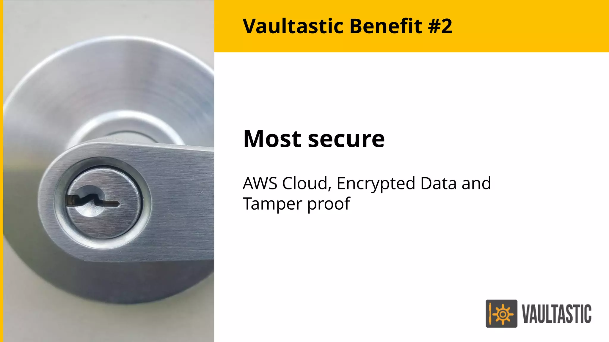 Most secure
AWS Cloud, Encrypted Data and
Tamper proof
Vaultastic Benefit #2
 
