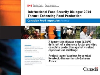 A lumpy skin disease virus (LSDV)
deficient of a virulence factor provides
complete protection against virulent
capripoxvirus challenge
Project team: Vaccines to combat
livestock diseases in sub-Saharan
Africa
International Food Security Dialogue 2014
Theme: Enhancing Food Production
 