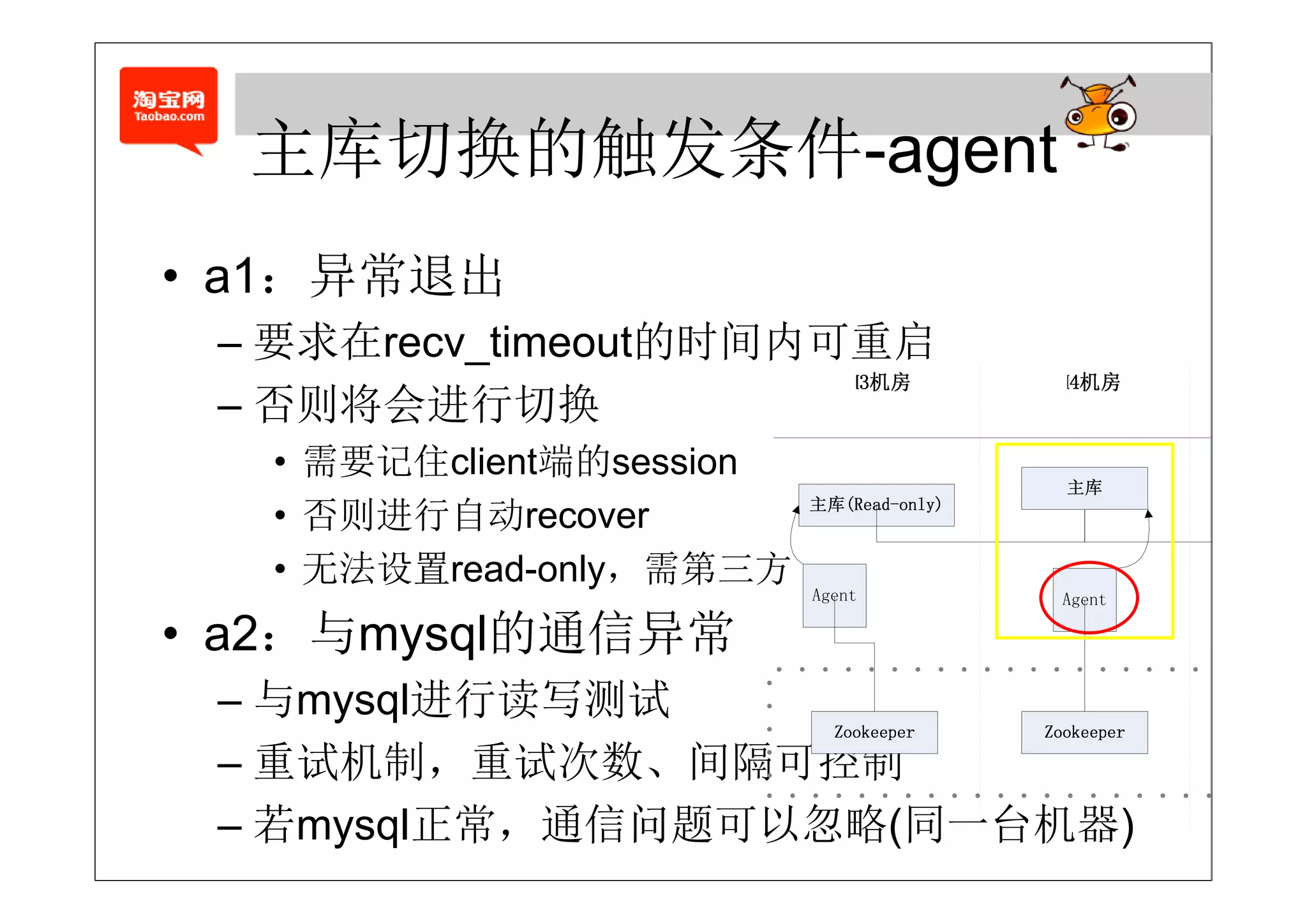 主库切换的触发条件-agent
  主库切换的触发条件 agent
      常
• a1：异常退出
 – 要求在recv_timeout的时间内可重启
   要求在 ec     eou 的时间内可重启
 – 否则将会进行切换
   • 需要记住client端的session
   • 否则进行自动recover
   • 无法设置read only 需第三方
     无法设置read-only，需第三方
• a2：与mysql的通信异常
 – 与mysql进行读写测试
 – 重试机制，重试次数、间隔可控制
 – 若mysql正常，通信问题可以忽略(同一台机器)
 
