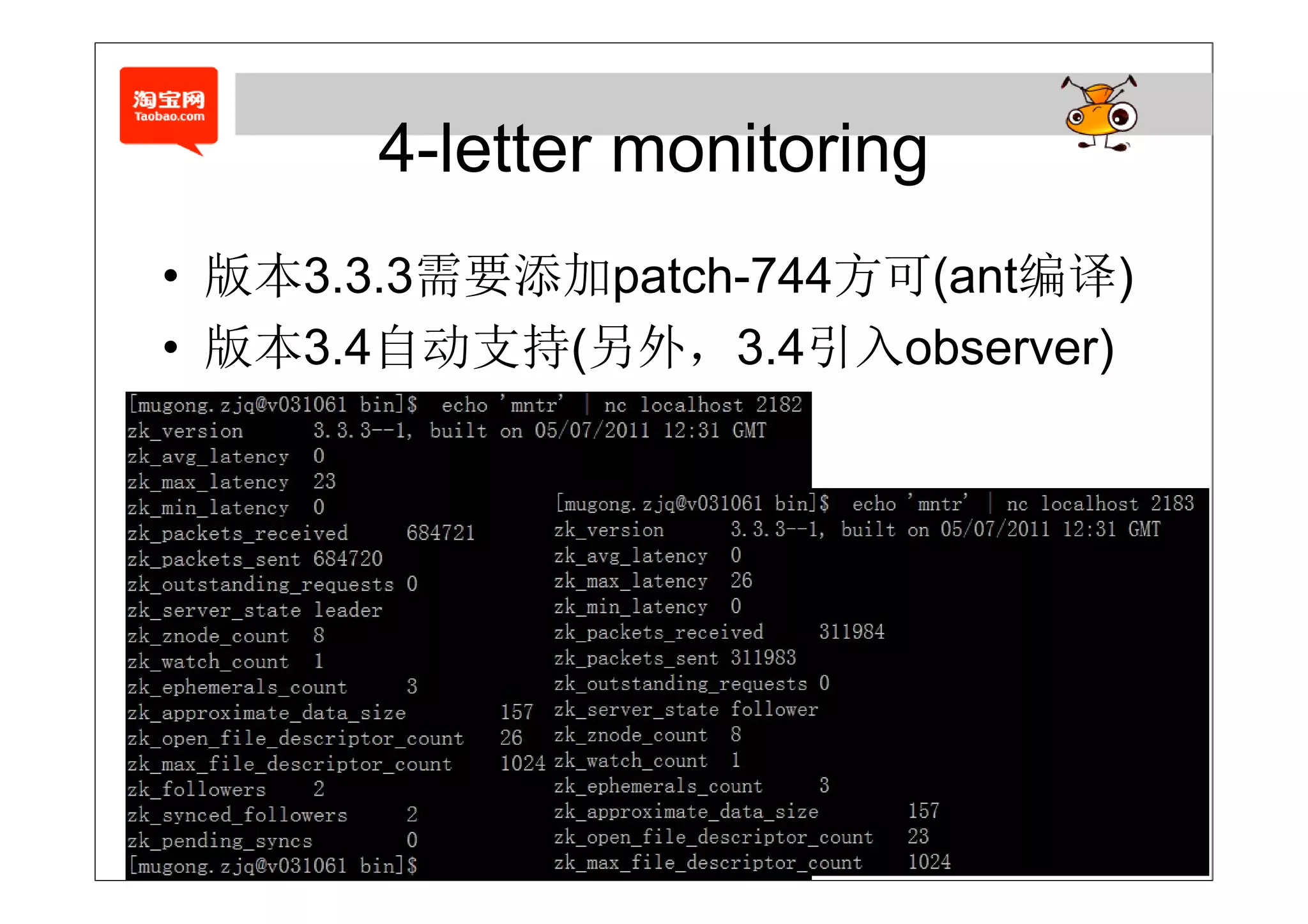 4-letter
      4 letter monitoring
• 版本
  版本3.3.3需要添加patch-744方可(ant编译)
            加               编
• 版本3 4自动支持(另外，3 4引入observer)
  版本3.4自动支持(另外，3.4引入observer)
• mntr监控
 