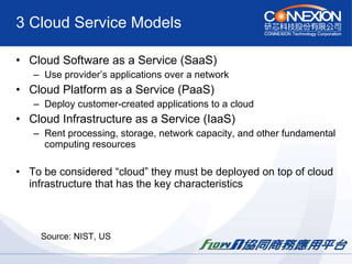 3 Cloud Service Models Cloud Software as a Service (SaaS) Use provider’s applications over a network  Cloud Platform as a Service (PaaS) Deploy  customer-created applications to a cloud  Cloud Infrastructure as a Service (IaaS) Rent processing, storage, network capacity, and other fundamental computing resources To be considered “cloud” they must be deployed on top of cloud infrastructure that has the key characteristics Source: NIST, US 