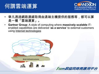 何謂雲端運算 舉凡透過網路連線取得由遠端主機提供的服務等，都可以算是一種「雲端運算」。 Gartner Group : A style of computing where  massively scalable  IT-enabled capabilities are delivered ‘ as a service ’ to external customers using  Internet technologies 