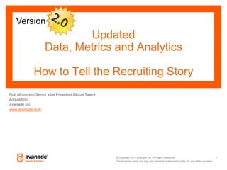 Version
                            Updated
                    Data, Metrics and Analytics

              How to Tell the Recruiting Story
Rob McIntosh | Senior Vice President Global Talent
Acquisition
Avanade Inc.
www.avanade.com




                                                     © Copyright 2011 Avanade Inc. All Rights Reserved.                                   1
                                                     The Avanade name and logo are registered trademarks in the US and other countries.
 