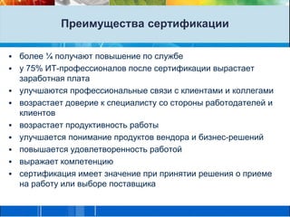 Преимущества сертификацииболее ¼ получают повышение по службеу 75% ИТ-профессионалов после сертификации вырастает заработная платаулучшаются профессиональные связи с клиентами и коллегамивозрастает довериек специалисту со стороны работодателей и клиентоввозрастает продуктивность работыулучшается понимание продуктов вендора и бизнес-решенийповышается удовлетворенность работойвыражает компетенциюсертификация имеет значение при принятии решения о приеме на работу или выборе поставщика