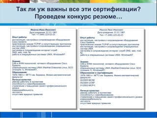 Так ли уж важны все эти сертификации? Проведем конкурс резюме…Иванов Иван ИвановичДата рождения: 01.01.1961Тел. +7 (495) 223-22-23Опыт работыинсталляция, настройка и сопровождение оборудования Cisco Systemsпрактическое знание TCP/IP и сопутствующих протоколовинсталляция, настройка и сопровождение операционных систем UNIXнастройка и сопровождение интернет служб DNS, web, mail, ftpработа в операционных системах UNIX, WindowsNT.Знания:LAN и WAN технологий, сетевого оборудования Cisco Systemsоперационные системы UNIX (RedHat Enterprise Linux, SCO Unixware 7), WindowsNT.Образование:1978-1983 гг. МГТУ им. Баумана, Физико-математический факультетЛичные качества:умение работать в коллективеспособность к самообразованиюстремление к повышению своего профессионального уровнякоммуникабельностьчестностьотсутствие вредных привычекИванов Иван ИвановичДата рождения: 01.01.1961Тел. +7 (495) 223-22-23Опыт работыинсталляция, настройка и сопровождение оборудования Cisco Systemsпрактическое знание TCP/IP и сопутствующих протоколовинсталляция, настройка и сопровождение операционных систем UNIXнастройка и сопровождение интернет служб DNS, web, mail, ftpработа в операционных системах UNIX, WindowsNT.Знания:LAN и WAN технологий, сетевого оборудования Cisco Systemsоперационные системы UNIX (RedHat Enterprise Linux, SCO Unixware 7), WindowsNT.Образование и сертификации:1978-1983 гг. МГТУ им. Баумана, Физико-математический факультет02/2005 MCSE05/2004 CCNP01/2003 MCP+IЛичные качества:умение работать в коллективеспособность к самообразованиюстремление к повышению своего профессионального уровнякоммуникабельностьчестностьотсутствие вредных привычек