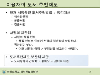 현재 시행중인 도서추천방법  :  정석애서 책속한문장 한줄서평 긴줄서평 서평의 제한점 서평의 품질 편차 품질 편차로 인하여 서평의 객관성이 약화된다 . 직관성이 낮다 . 여러 서평의 긍정  /  부정성을 비교하기 어렵다 . 도서추천제도 보완적 제안 도서평가의 간략화  :  좋아요  /  싫어요 버튼 이용자의 도서 추천제도 