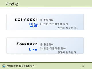 착안점 를 활용하여  이 많은 연구결과를 찾아  연구에 참고한다 . SCI / SSCI 인용 을 활용하여  가 많은 이용기를 찾아 구매에 참고한다 . Facebook Like 