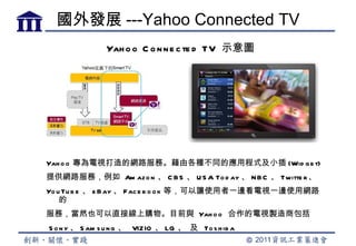 國外發展 ---Yahoo Connected TV
               Yah o o C o n n e c te d TV 示意圖




Yah o o 專為電視打造的網路服務。藉由各種不同的應用程式及小插 (Wid g e t)
提供網路服務，例如 Am azo n 、 C B S 、 U S A To d ay 、 N B C 、 Twitte r 、
Yo u Tu b e 、 e B ay 、 F ac e b o o k 等，可以讓使用者一邊看電視一邊使用網路
    的
服務，當然也可以直接線上購物。目前與 Yah o o 合作的電視製造商包括
S o n y 、 S am s u n g 、 VIZIO 、 LG 、 及 To s h ib a
 