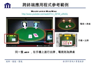 跨終端應用程式參考範例
          Mu ltip laye r Mau Mau
  http://www.youtube.com/watch?v=_IS1W_uWz0o



                                               電視＝牌桌




                                               手機＝出牌




同一隻 APP ，在手機上進行出牌，電視則為牌桌
 