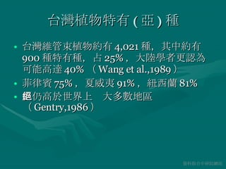 台灣植物特有 ( 亞 ) 種 台灣維管束植物約有 4,021 種，其中約有 900 種特有種，占 25% ，大陸學者更認為可能高達 40% （ Wang et al.,1989 ） 菲律賓 75% ，夏威夷 91% ，紐西蘭 81% 但仍高於世界上絕大多數地區（ Gentry,1986 ） 資料取自中研院網站 