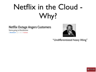Netﬂix in the Cloud -
        Why?

           “Undifferentiated heavy lifting”
 