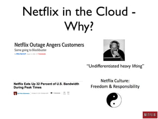 Netﬂix in the Cloud -
        Why?

           “Undifferentiated heavy lifting”
 