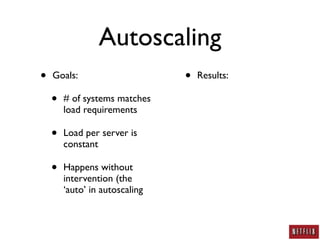 Autoscaling
•   Goals:                      •   Results:

    •   # of systems matches
        load requirements

    •   Load per server is
        constant

    •   Happens without
        intervention (the
        ‘auto’ in autoscaling
 