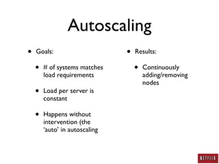 Autoscaling
•   Goals:                      •   Results:

    •   # of systems matches        •   Continuously
        load requirements               adding/removing
                                        nodes
    •   Load per server is
        constant

    •   Happens without
        intervention (the
        ‘auto’ in autoscaling
 