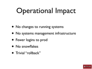 Operational Impact

• No changes to running systems
• No systems management infrastructure
• Fewer logins to prod
• No snowﬂakes
• Trivial “rollback”
 
