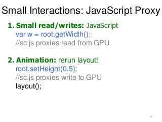 Small Interactions: JavaScript Proxy
21
1. Small read/writes: JavaScript
var w = root.getWidth();
//sc.js proxies read from GPU
2. Animation: rerun layout!
root.setHeight(0.5);
//sc.js proxies write to GPU
layout();
 