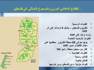 ‫فلسطين‬ ‫في‬ ‫التماثلي‬ ‫والمسموع‬ ‫المرئي‬ ‫العلمي‬ ‫القطاع‬ -
•‫الرسمية‬ ‫القنوات‬
•‫يشغل‬ – ‫فلسطين‬ ‫تلفزيون‬5‫ال‬ ‫على‬ ‫ترددات‬
UHF
‫على‬ ‫واحد‬ ‫وتردد‬VHF
‫الخاصة‬ ‫الدرضية‬ ‫القنوات‬
•‫حوالي‬ ‫يوجد‬20‫تلفزيون‬ ‫محطة‬‫على‬ ‫معظمها‬
‫مجال‬UHF‫سوبر‬ ‫و‬VHF
•‫دراديو‬ ‫محطة‬ ‫سبعين‬ ‫من‬ ‫اكثر‬FM
•– ‫الفضائية‬ ‫القنوات‬
•‫درسمية‬ ‫قناتان‬
•‫خاصة‬ ‫قناتان‬
•‫خادرجها‬ ‫ومن‬ ‫فلسطين‬ ‫من‬ – ‫حزبية‬ ‫قنوات‬
 