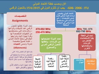 ‫الدولي‬ ‫الحتحاد‬ ‫خطة‬ ‫وحسب‬ ‫الن‬
‫في‬ ‫الدول‬ ‫حتلتزم‬ ‫ان‬ ‫يجب‬15/6/2015‫الرقمي‬ ‫بالتحول‬ -G06- 2006 - ITU
250-470 MHz
470-692 MHz
692-790 MHz
MHz 790- 876
 