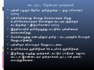 வடபல, ெதனபல மைறகள்
 பள்ளி பழகும் ேநாிய தமிழ்மைற – ஒர பாிமானப்
பரப்ப
 பள்ளியில்லாத ேமலத ெமய்யாகவும் கீழத
உயிரெமய்யாகவும் ெகாள்ளும் வடபல அடக்குக்
கட்டமைற – இரபாிமானப் பரப்ப
 இந்தியாவில் தமிெழழதத மட்டேம பள்ளிையக்
ைகயாள்கிறத.
 ெமய்ெயழதத எனபதிலும் தமிழ் – வடபலததிக் ெபாரள்
ேவறுபாடண்ட.
 பள்ளியும் விராமமம் ேவறுபட்டைவ.
 உயிரெமய்க் குறியீடகள் Vs உயிரக் குறியீடகள்.
 இரேவறு எழதத மைறகள், கட்டப் பாடகள். சதரம்,
வட்டம் இரண்ைடயும் ஒனறாக்கல் மட்டாள் தனம்;
ஏமாற்றுேவைல.
 