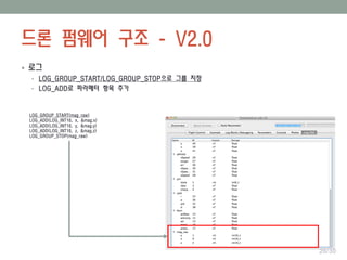 드론 펌웨어 구조 - V2.0
 로그
• LOG_GROUP_START/LOG_GROUP_STOP으로 그룹 지정
• LOG_ADD로 파라메터 항목 추가
LOG_GROUP_START(mag_raw)
LOG_ADD(LOG_INT16, x, &mag.x)
LOG_ADD(LOG_INT16, y, &mag.y)
LOG_ADD(LOG_INT16, z, &mag.z)
LOG_GROUP_STOP(mag_raw)
26/30
 