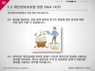 32
2.2 개인정보보호법 관련 Q&A (4/5)
금융보안 컴플라이언스 뽀개기SecurityPlus Union Academy
개인정보보호법에서 이용 관련 Q&A입니다.
1. 법의 이해 2. 주요 법률 소개 3. 학습 로드맵
Q4. 정보를 제공하는 과정 중에 위탁과 제 3자 제공에 관한 정의에 대해
어떤 점이 다른 지 궁금합니다.
A4. 위탁이란 개인정보를 위탁한 업체가 의도한 목적으로 정보를 사용하는
경우를 의미하며, 제3자 제공이란 수탁 및 제공받은 업체가 마음대로
정보를 사용하는 경우를 의미합니다.
 