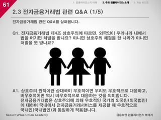 61
2.3 전자금융거래법 관련 Q&A (1/5)
금융보안 컴플라이언스 뽀개기SecurityPlus Union Academy
전자금융거래법 관련 Q&A를 살펴봅니다.
1. 컴플라이언스의 이해 2. 주요 컴플라이언스 소개 3. 학습 로드맵
Q1. 전자금융거래법 제4조 상호주의에 따르면, 외국인이 우리나라 내에서
법을 어기면 처벌을 받나요? 아니면 상호주의 체결을 한 나라가 아니면
처벌을 못 받나요?
A1. 상호주의 원칙이란 상대국이 우호적이면 우리도 우호적으로 대응하고,
비우호적이면 역시 비우호적으로 대응하는 것을 의미합니다.
전자금융거래법은 상호주의에 의해 우호적인 국가의 외국인(외국법인)
에 대하여 국내에서 전자금융거래서비스를 제공할 때 우호적으로
국내인(국내법인)과 동일하게 적용합니다.
 
