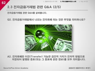 62
2.3 전자금융거래법 관련 Q&A (2/5)
금융보안 컴플라이언스 뽀개기SecurityPlus Union Academy
전자금융거래법 관련 Q&A를 살펴봅니다.
1. 컴플라이언스의 이해 2. 주요 컴플라이언스 소개 3. 학습 로드맵
Q2. 전자금융거래법에서 나오는 전자화폐 라는 것은 무엇을 의미하나요?
A2. 전자화폐란 이전(Transfer) 가능한 금전적 가치가 전자적 방법으로
저장되어 발행된 증표(또는 그 증표에 관한 정보)를 모두 의미합니다.
 