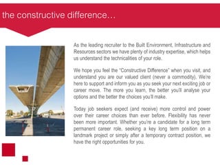 the constructive difference…
As the leading recruiter to the Built Environment, Infrastructure and
Resources sectors we have plenty of industry expertise, which helps
us understand the technicalities of your role.
We hope you feel the “Constructive Difference” when you visit, and
understand you are our valued client (never a commodity). We’re
here to support and inform you as you seek your next exciting job or
career move. The more you learn, the better you’ll analyse your
options and the better the choices you’ll make.
Today job seekers expect (and receive) more control and power
over their career choices than ever before. Flexibility has never
been more important. Whether you’re a candidate for a long term
permanent career role, seeking a key long term position on a
landmark project or simply after a temporary contract position, we
have the right opportunities for you.
 