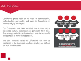 our values…
Constructive prides itself on its levels of communication,
professionalism and quality, and builds its foundations on
honesty, integrity and respect.
Our Consultants have been recruited due to their unique
experience, culture, background and personality fit in mind.
They are approachable, professional and have the successful
characteristics to mirror your aspirations.
The core principals vested in Constructive can only be
maintained by the likeminded people we employ: our staff are
our most valuable assets.
 