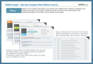 ⓒ 2016, MindsLab. All Rights Reserved - 59 -
MINDs Smart Service Robot
MINDs Smart Service Robot은 딥러닝을 통한 인공지능을 가지고
Ground Space에서 고객 음성/얼굴을 인식하며
사용자에게 즐겁고 유익한 음성/행위 서비스를 제공하는 “AI Service Robot”입니다.
9. MINDs Smart Machine
사용 편이성 제공
유무선통신이 가능한 어느 곳에서나 사용 가능
(Ethernet 유선통신, LTE/WiFi 무선통신)
사용하기 편리한 User Experience 제공
재미와 유익한 서비스 제공
재미 서비스 제공(Joy Stick으로 로봇 구동)
사람 얼굴인식 서비스 제공(카메라로 사람 얼굴인식)
안내 서비스 제공(로봇 자율주행)
영상촬영 서비스 제공(카메라로 사진/동영상 촬영)
사용자 관심공간 모니터링 서비스 제공(카메라로 관심공간 모니터링)
딥러닝을 통한 음성 Q&A 서비스 제공
음악 재생 서비스 제공
교육 Content 서비스 제공
Cloud Server를 통한 다양한 Content 서비스 제공 가능
MINDs Smart Service Robot
User
Voice
Bluetooth
Headset
 