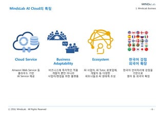 ⓒ 2016, MindsLab. All Rights Reserved - 6 -
MindsLab AI Cloud의 특징 1. MindsLab Business
Ecosystem 한국어 강점
외국어 확장
AI 사업자, AI Tutor, 로봇업체,
개발자 등 다양한
파트너들과 AI 생태계 조성
한국어 언어처리에 강점을
기반으로
영어 등 외국어 확장
Business
Adaptability
비즈니스에 즉각적인 적용
개발자 뿐만 아니라
사업자/현업을 위한 플랫폼
Cloud Service
Amazon Web Service 등
클라우드 기반
AI Service 제공
 