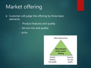 Market offering
 Customer will judge the offering by three basic
elements
• Product features and quality
• Service mix and quality
• price
 