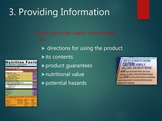 3. Providing Information
Gives customer useful information
on:
 directions for using the product
its contents
product guarantees
nutritional value
potential hazards
 