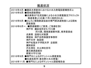 推進状況
２０１６年４月：■灘区水車新田における小水力発電設置構想浮上
２０１６年５月：■現地調査開始
■兵庫県の「住民協働による小水力発電復活プロジェクト
推進事業」に応募（７月に採択される）
２０１６年６月：■ひょうご環境創造協会の専門家派遣制度による現地
調査実施
２０１６年６月～： ■関連機関にご意見、ご指導を頂く
神戸市 灘区役所まちづくり課
河川課、環境貢献都市課、教育委員会
兵庫県 温暖化対策課
環境省 神戸自然保護官事務所
神戸大学 施設部
神戸松蔭女子学院大学 企画部
灘財産区
丹生神社 大土神社宮司
灘五郷酒造組合
都賀川守ろう会
２０１６年９月：■専門化によるポテンシャル調査実施
■先進地見学（東吉野小水力発電）
２０１６年１１月：■専門化によるポテンシャル調査報告会
９
 