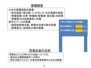 小水力発電施設の整備
・取水施設・導水路・ヘッドタンク・水圧管路の設置
・発電設備（水車・発電機・配電盤・変圧器）の設置
・発電電力は系統連系し売電
見学スペースの整備
・施設説明表示板、発電状況表示板の設置
・誘導表示、転落防止柵の整備
整備概要
売電収入により得られた収益については、
・周辺の公園整備費用への寄付
・再生可能エネルギーの普及啓発事業のための活動費
売電収益の活用
六甲川水車新田小水力発電所
現在の発電出力
本日の発電出力量
kW
kWh
７
 